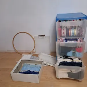 Assortment of Ribbon, Lace, Yarn & More in Storage Drawers