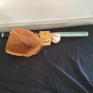 Leather Softball Gloves, Bat & Ball