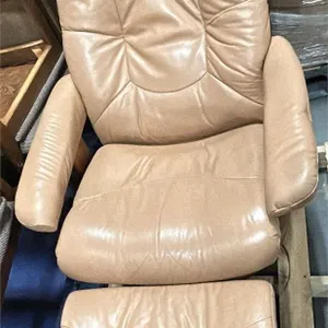 Beige Leather Swivel Chair with Leather Foot Stool
