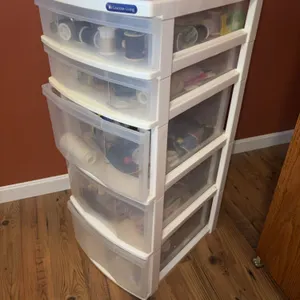 Six Drawer Plastic Storage Bin and Sewing Supplies