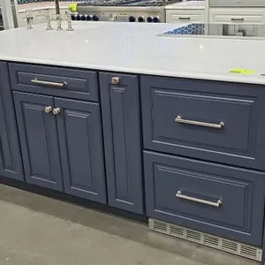 Kraftmaid painted wood island cabinet. 93"L x 60"W. Includes 36" Thermador induction cooktop (CIT36YWBB/01), 36" Thermador downdraft vent (UCVP36XS), 