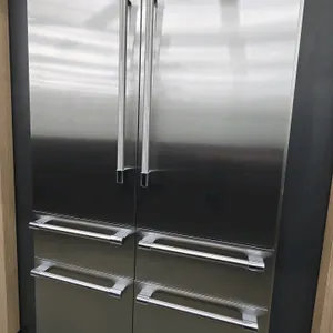Thermador T48BT120NS built-in French door refrigerator freezer. Features stainless steel construction, dual fresh underdrawers, dual frozen underdrawe