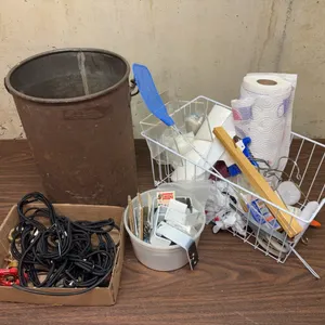 Bucket and Wire Basket with Bungee Cargo Net, Assorted Hardware, Hangers, and Cleaning Supplies