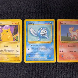 1999 Pokemon Base set #58 Pikachu; #59 Poliwag; # 60 Ponyta