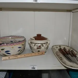 Temptations Batter Bowl, Spoons, Along with a Farberware Sauce Pot, Knives and Platter