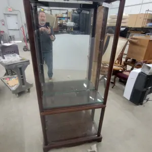 Curio Display Cabinet with Arched Bonnet Top, Glass Shelves, Mirrored Back, Cherry Finish Lights up
