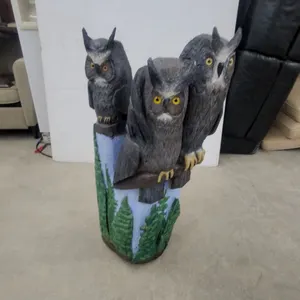 Chainsaw-Carved Wooden Great Horned Owl Trio Sculpture with Painted Forest Base 34" Manitoba Artist