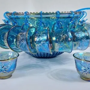 Gorgeous Blue Carnival Glass Punch Bowl w/12
