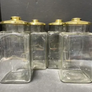 Set of 4 Glass Canisters with Brass Lids, 10 "
