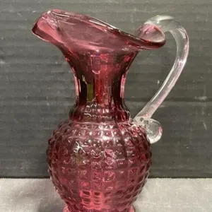 Cranberry Glass Pitcher With Clear Handle Signed