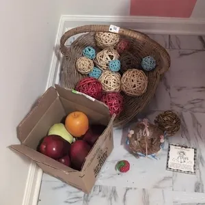 Basket, balls, plastic fruit, etc
