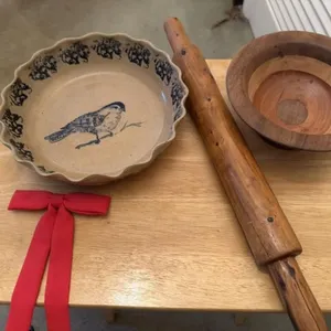 Pie plate, wood bowl and vintage rolling pin