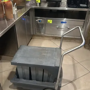 Follett poly ice cart. Features a hinged lid and metal push handle. Mounted on wheels.