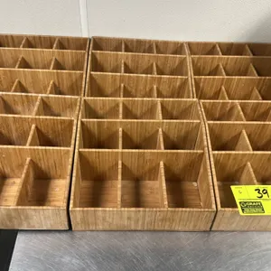 Wooden coffee condiment organizer. Features a stepped 3-tier design with 9 individual compartments.