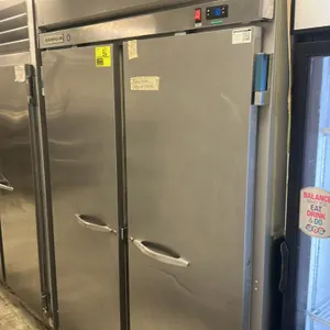 Beverage-Air HR2-1S reach-in refrigerator. Stainless steel 2-door construction. Features (3) wire shelves, digital temperature display, and a top-moun