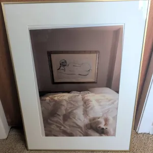 Framed Art Print Featuring Nude Sketch & Plush Dog On Bedding