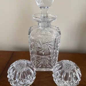 Crystal Decanter with Stopper and Matching Salt and Pepper Shakers
