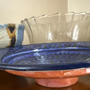 Three Bowls: Ceramic, Glass, and Decorative Blue Plate