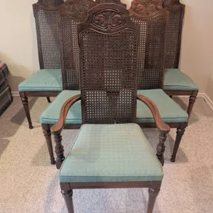 Six Vintage Dining Chairs with Carved Wooden Frame & Wicker Overlay