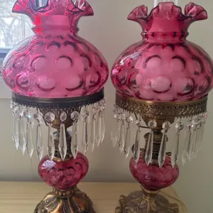 Cranberry Glass Table Lamps with Crystal Prisms and Ornate Metal Bases