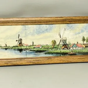 oak framed Dutch tile art - 7" x 17"