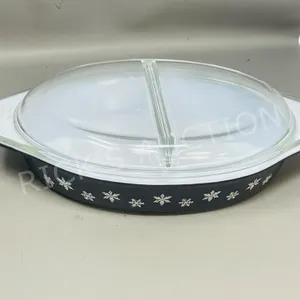 Pyrex black snowflake divided dish w/ lid