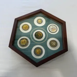 framed card of 7 Victorian celluloid shields