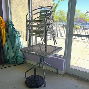 (4) Metal Patio Chairs and Square Mesh Table with Umbrella Base, 27in x 27in