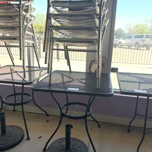 (4) Metal Patio Chairs and Square Mesh Table with Umbrella Base, 27in x 27in