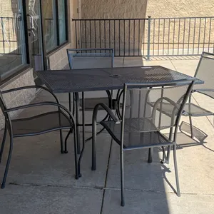 (4) Metal Patio Chairs and Square Mesh Table, 30in x 48in