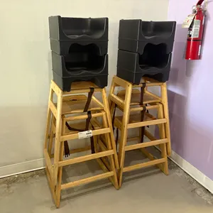 (4) Winco Wood High Chairs and (4) Booster Seats