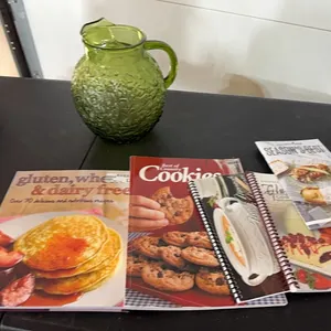Glass pitcher, cookbooks