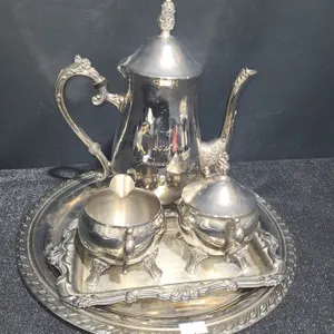 Silverplated/ EP Brass Serving Ware- Tray: 12" Diameter, Teapot, Cream/ Sugar