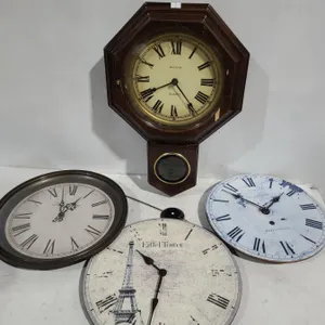Bulova Wall Clock in Wooden Case 13.5 X 21, Other Clocks 14" Diameter Each