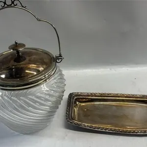 Antique Silverplate & Glass biscuit barrel & tray