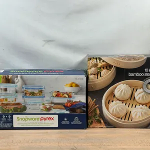 Snapware: Pyrex 18-piece Glass Food Storage Set- Like New; MIU: 10” 2-Tier Bamboo Steamer Basket- Like New