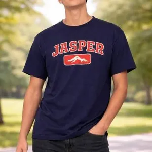 Small Blue Short-Sleeve T-Shirt with Jasper Text and Mountain Graphic