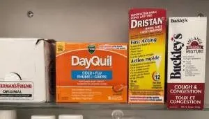 Vicks DayQuil, Dristan Nasal Mist, Buckley's Cough Mixture, and Fisherman's Friend
