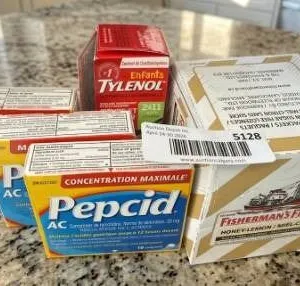 Pepcid AC, Enfants Tylenol, and Fisherman's Friend Honey-Lemon Lozenges