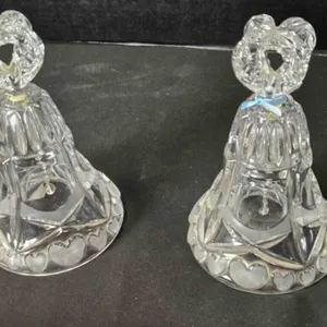 2 clear glass handbells, heart pattern
