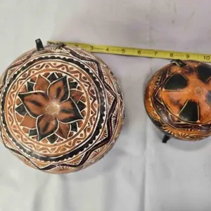 2 engraved, painted Nativity gourds w/stands