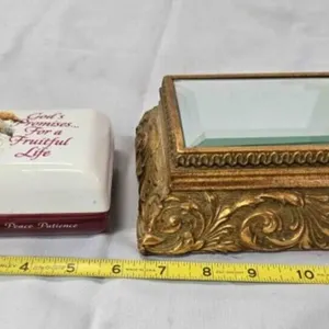Porcelain jewelry box & beveled mirror on stand