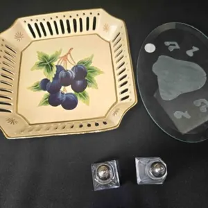 Decorative ceramic plate; etched glass trivet