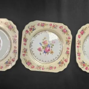 3 Gold Castle porcelain dessert plates, 8" square