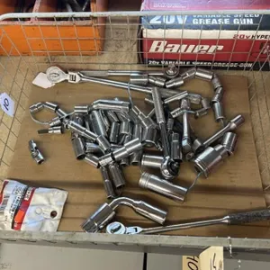 Assorted SAE Sockets & Wrenches in Wire Basket