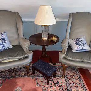 Wing Back Chairs, Table & Glass Lamp