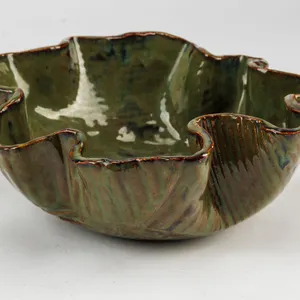 Gorgeous Handmade Green Glazed Pottery Bowl with Ruffled Edge.
