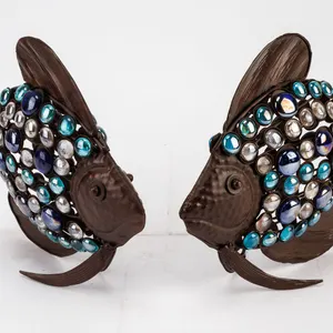 Pair of Matching Hammered Metal Multicolored Fish Sculptures