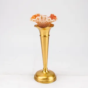 Vintage Dugan Co Carnival Glass Epergne Vase in a Vintage Brass Vase by Friedman Silver Co.