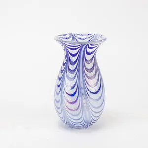 Vintage Handmade Art Glass Vase.  White and Blue Iridescent Pull Feather Design.